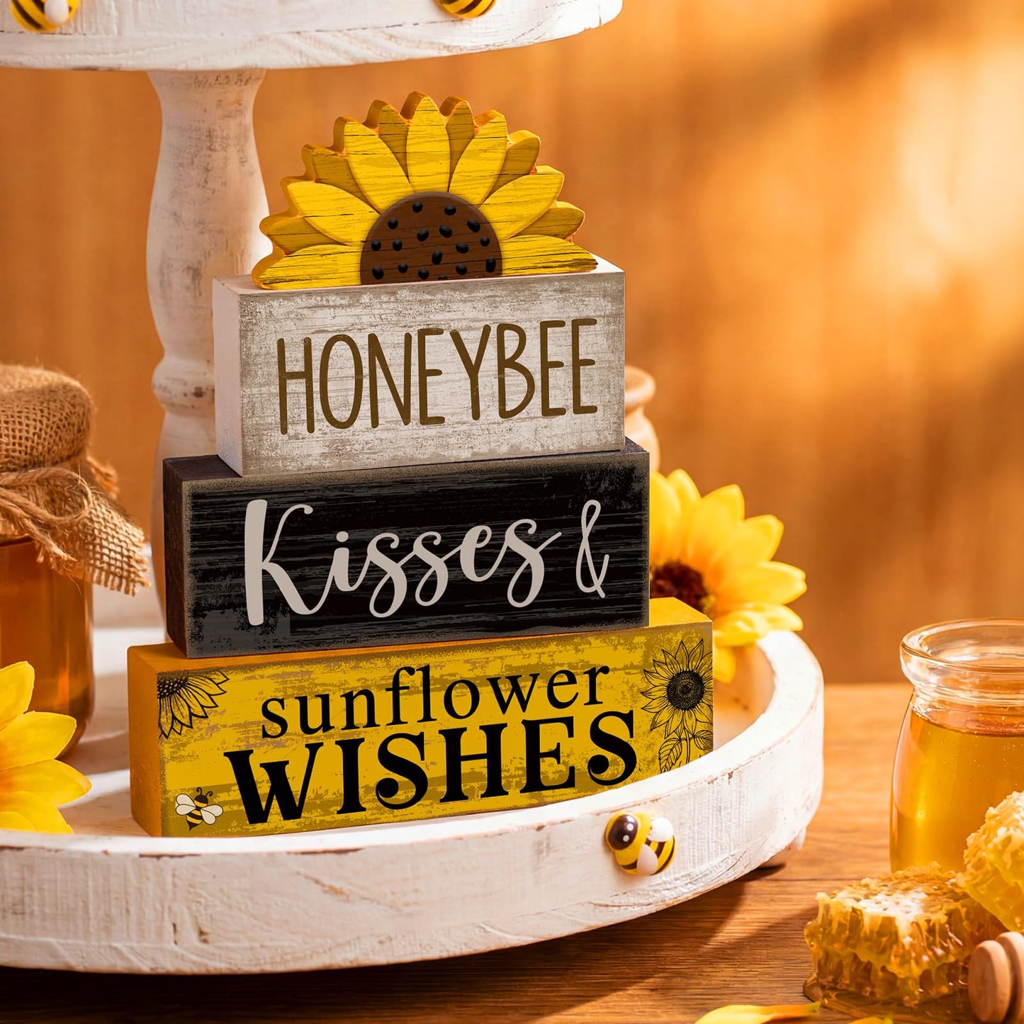 Lineshading 4 Pcs Summer Table Decor Wooden Sunflower Tiered Tray Decor Rustic Farmhouse Yellow Block Signs Gifts Summer Tabletop Centerpieces for Home Kitchen Coffee Bar Decorations