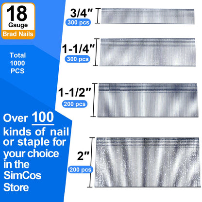 SimCos 18 Gauge Brad Nails 4 Sizes (2",1-1/2",1-1/4",3/4"),1000-Pack