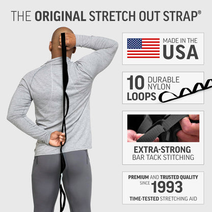 OPTP The Original Stretch Out Strap XL with Exercise Book, USA Made Stretch Out Straps for Physical Therapy, Yoga Stretching Strap or Knee Therapy Strap - Ten Loops, 7'5" Strap