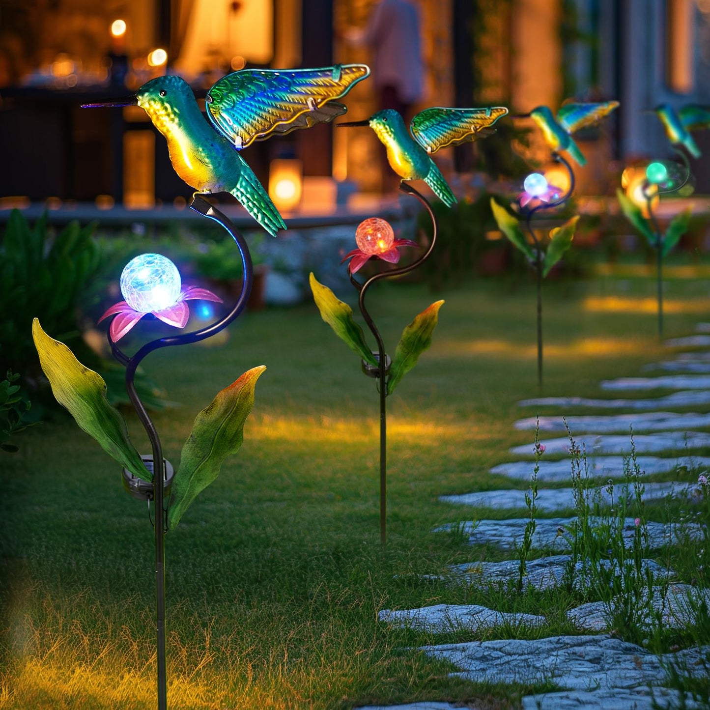 HONGLAND 46 Inch Solar Hummingbird Lights, Solar Garden Decor with Cracked Glass Ball, Hummingbird Decorative Garden Stakes Outdoor Waterproof for Lawn Patio Yard Porch, Gifts for Mom