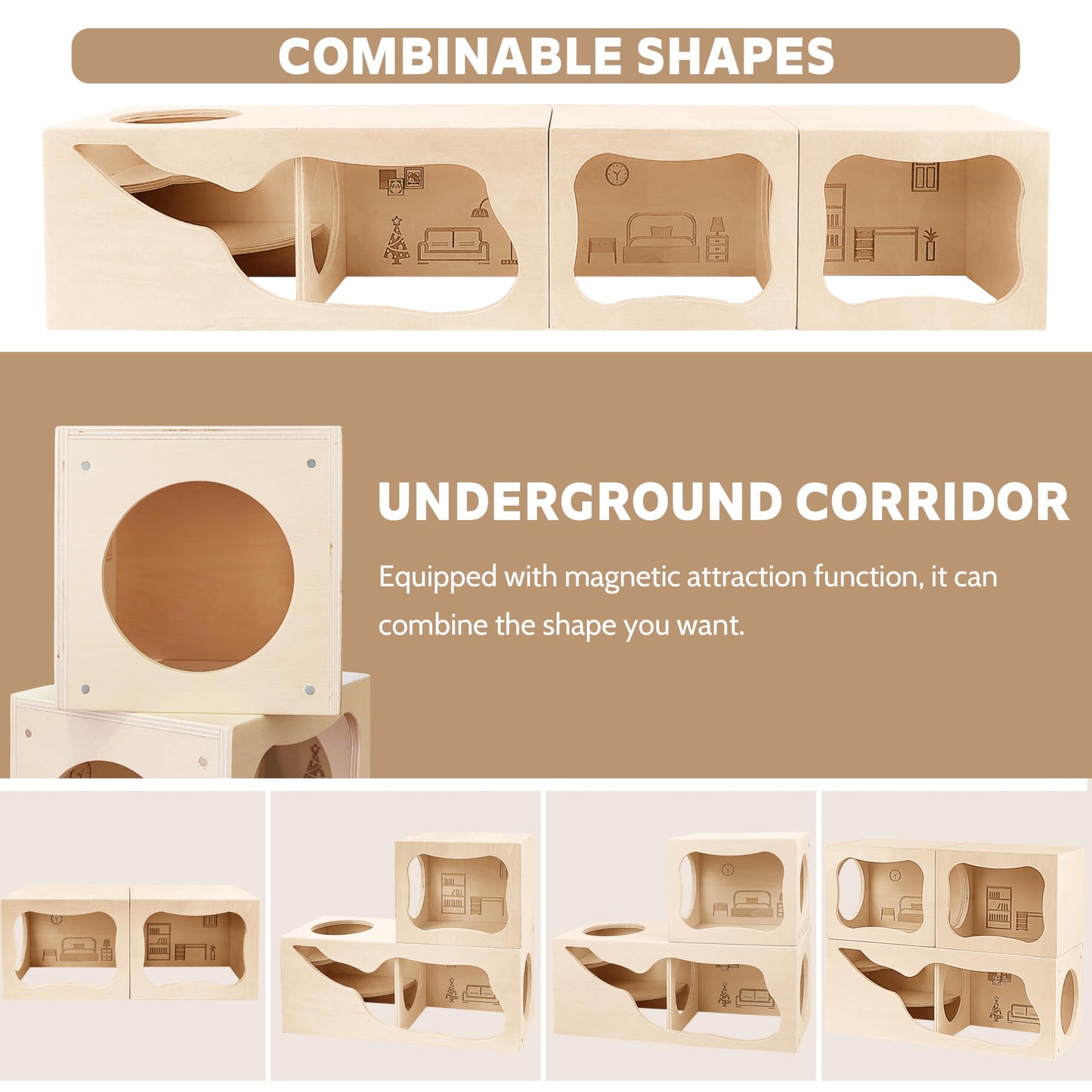 Hamster Hideout Wooden House,Hamsters Multi Chamber Hideout,Small Animal Habitat for Clear Observation,Hamster Toys for Dwarf Hamstersm,Gerbils, Hedgehogs, Rats, Mice(Study Room)