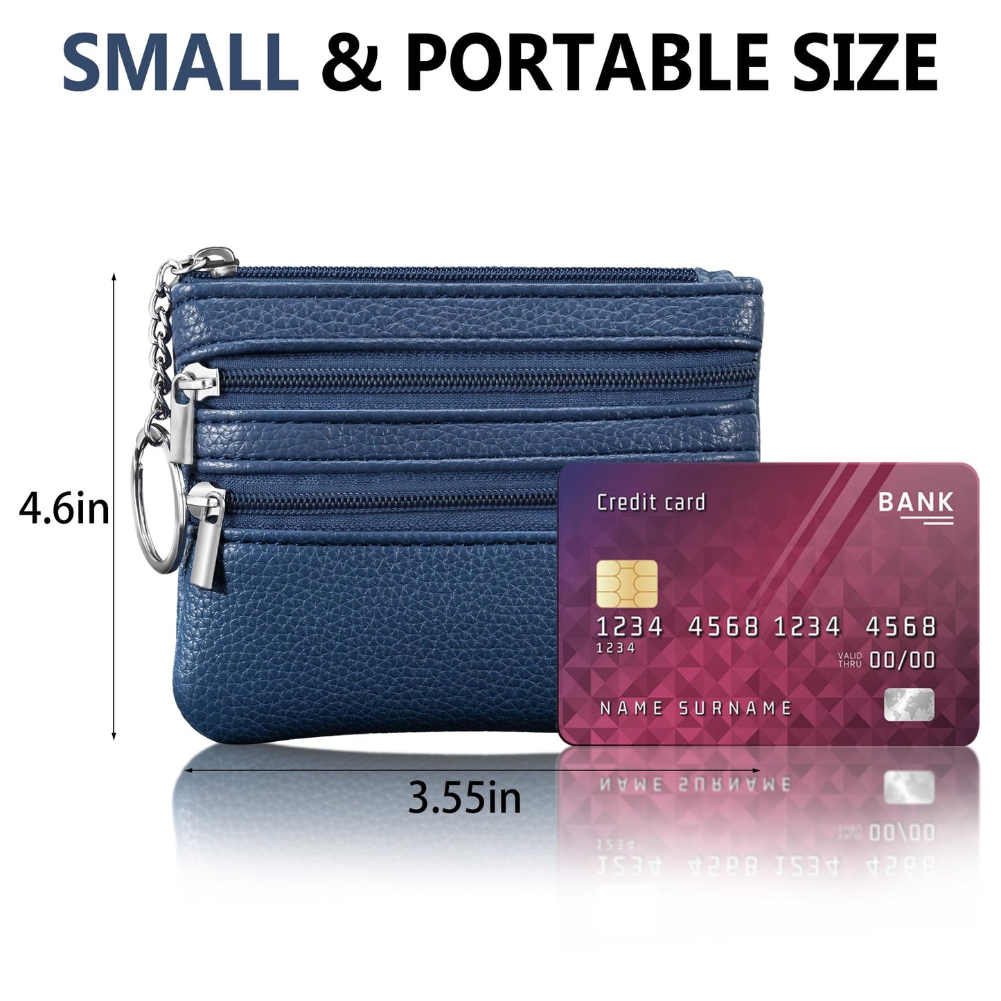 Chelmon 2 Pack Coin Purse Pouch Change Card Holder Wallet with Keychain for Women and Men (Black & Blue)
