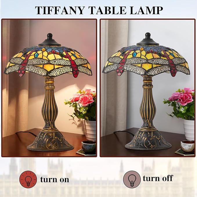 Tiffany Style Table Lamp, 12 Inch Stained Glass Lamp, Antique Table Lamp, Bedside Lamp, for Nightstand Bedroom Living Room Home Office, Include LED Bulb