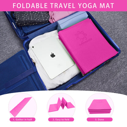 Primasole Folding Travel Yoga Mat Foldable light weight Easy to carry to Workout Fitness Class Beach Park Travel Picnics 4mm thick Azalea Pink Red Color PSS91NH027A