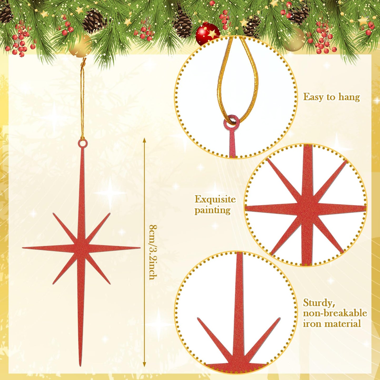 MorningRo 20 Pcs Retro Mid Century Star Ornament for Christmas Tree 3.15inch Cast Iron Starburst 8 Point Nativity Star of Bethlehem Ornament Hanging Pendants Gift Decor for Xmas Holiday Party