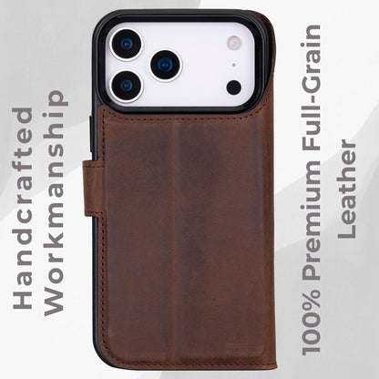VENOULT Full Grain Genuine Leather Wallet Case for iPhone 17 Pro Max, 4 Card Holder Folio Cover, Business Style, Man or Women, Compatible with MagSafe, RFID Protected, Handmade (Vintage Brown)