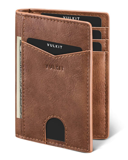 VULKIT Bifold Front Pocket Slim Wallet RFID Blocking Minimalist Thin Leather Credit Card Holder Wallet for Men and Women Brown