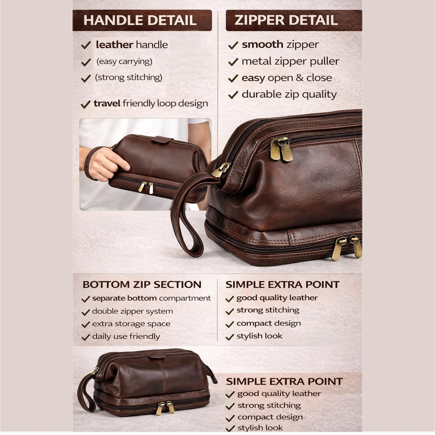 cuero Premium Genuine Leather Toiletry Bag for Men – Large Double Layer Travel Dopp Kit with Zipper Compartments,Lining & Handle – 9.5” Travel Shaving Organizer