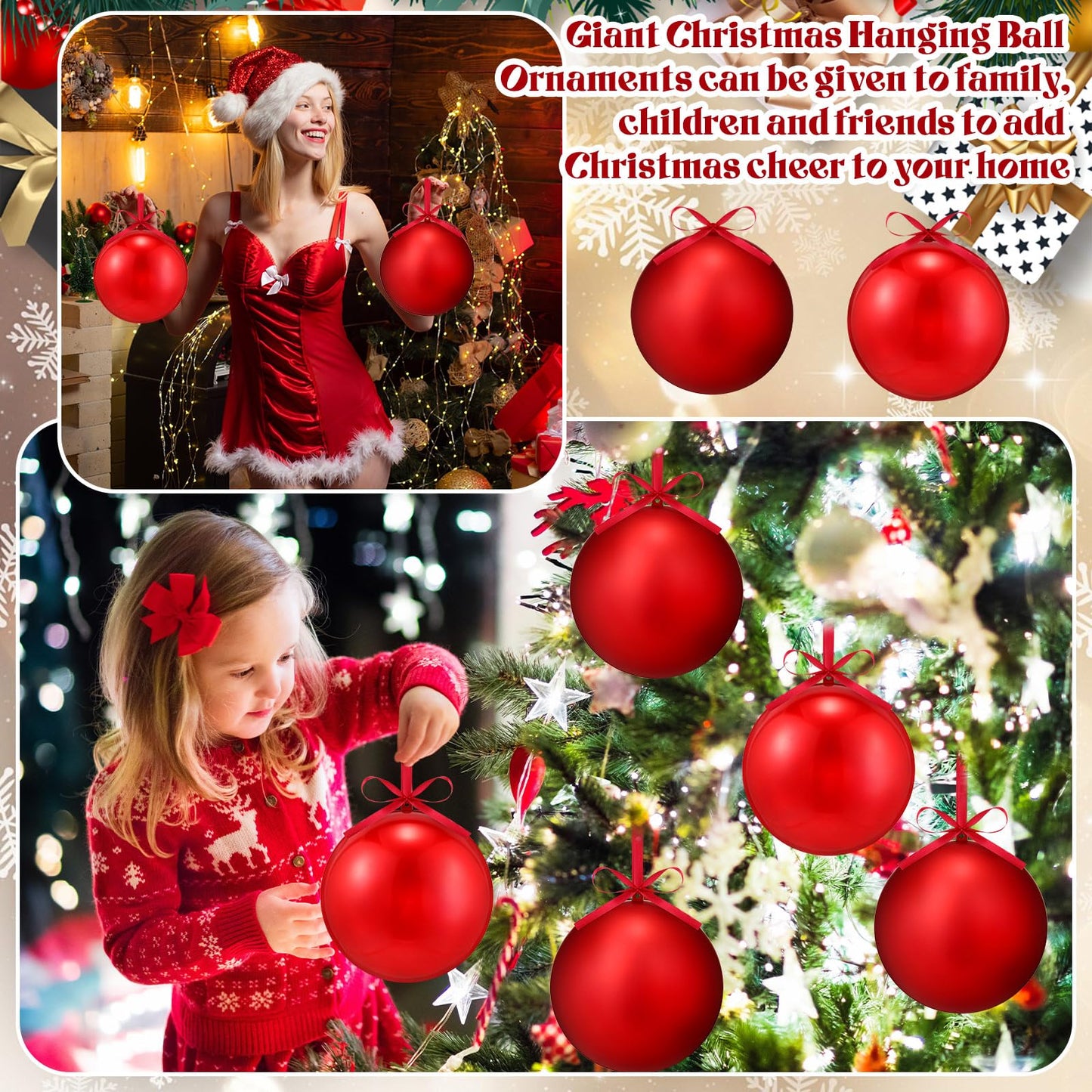 Zubebe 2 Pcs 8" Giant Fillable Christmas Ornaments with Ribbons Oversized Plastic Xmas Balls for Outdoor Lawn Yard Decor, Tree Hanging, Holiday Gifts(Matte Red, Shiny Red)