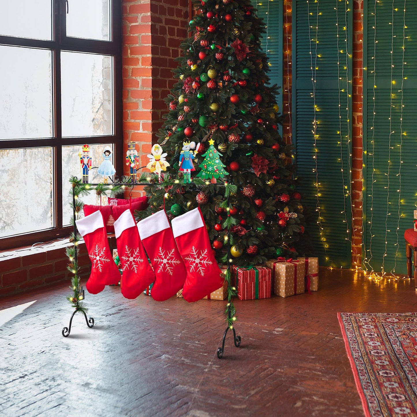 Sliner Christmas Stocking Holder with 12 Detachable Hooks 39.8 in Metal Stocking Holder Stand with String Lights, Freestanding Hangers Racks for Floor Fireplace Living Room(Nutcracker)