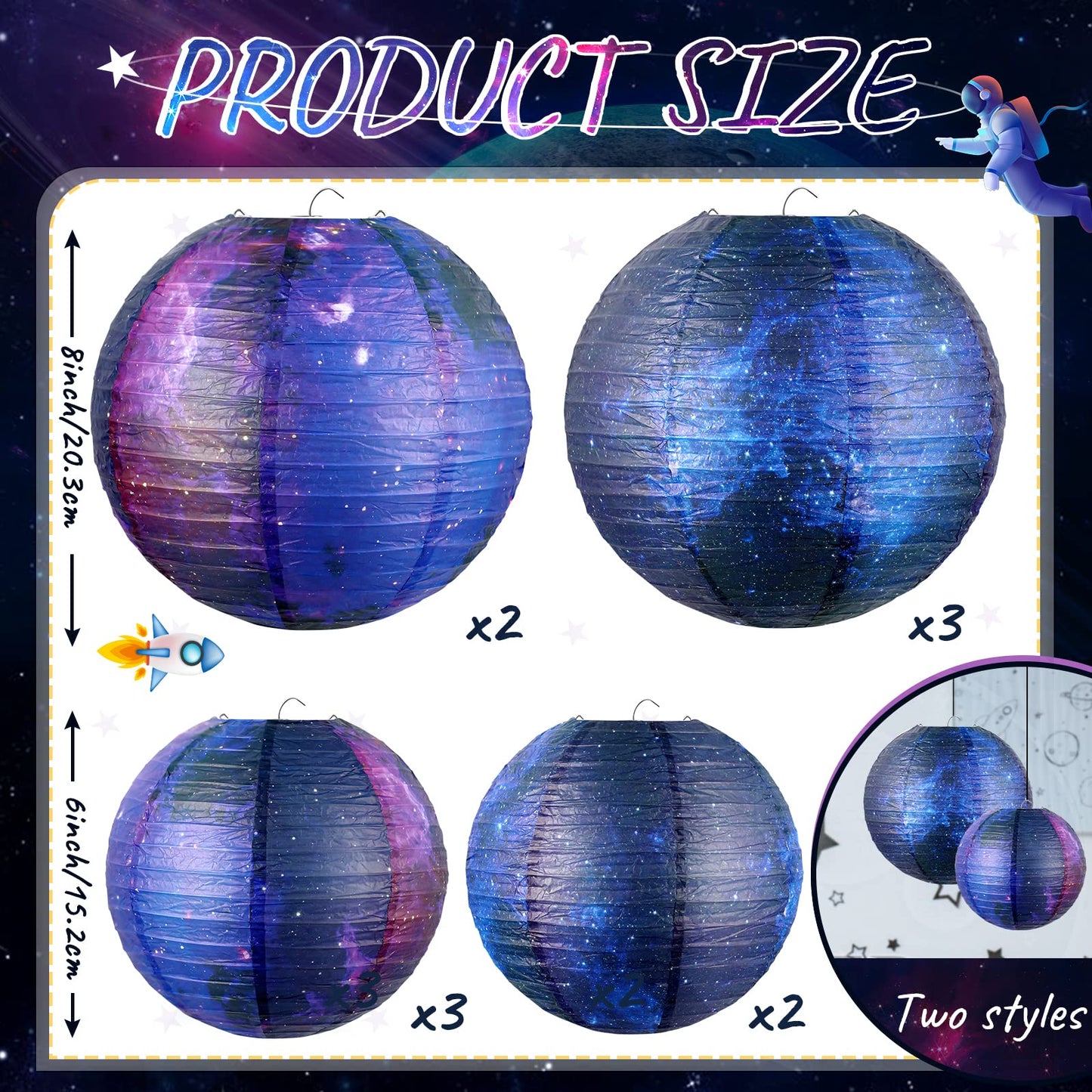 10 Pieces Galaxy Print Paper Lanterns Chinese Japanese Space Themed Hanging Paper Lanterns Galaxy Themed Party Supplies Ceiling Decor for Home Birthday Party Decor(8 Inch/ 6 Inch)