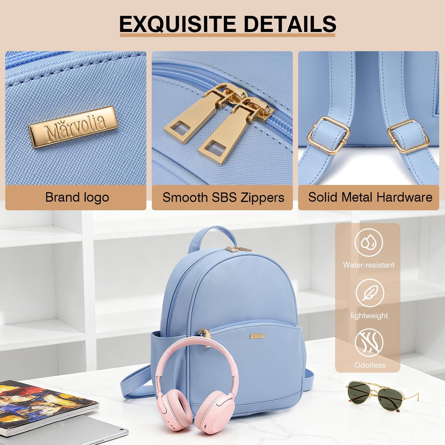 Marvolia Mini Backpack for Women - Leather Backpack Cute Backpacks with Multiple Pockets for Travel College Work - Blue