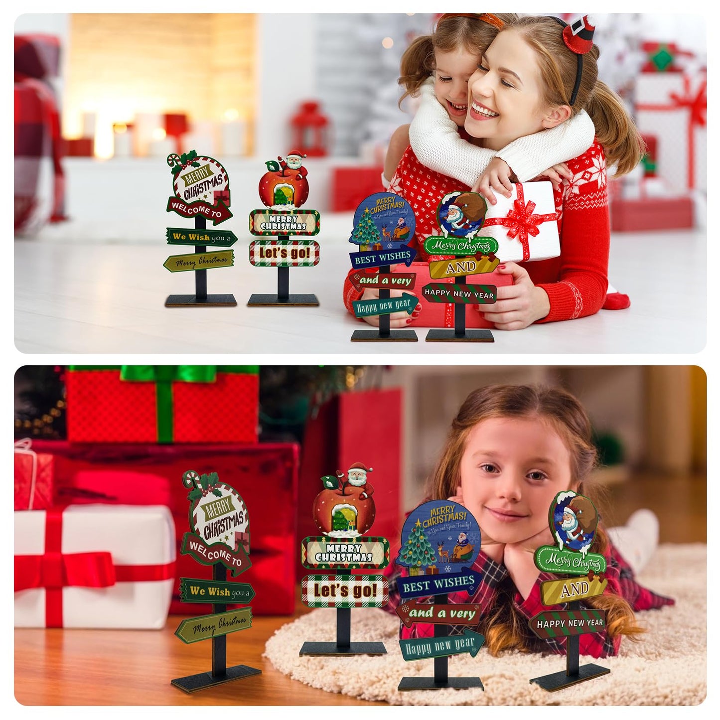 YvSuZeBuDa Christmas Table Decorations, 4 Piece Wooden Rectangular Sign Boards, Rustic Farmhouse Style, Polychrome, 8.86 x 4.72 Inches, Wall Mount with Twine, Cozy Theme (Christmas Apple)