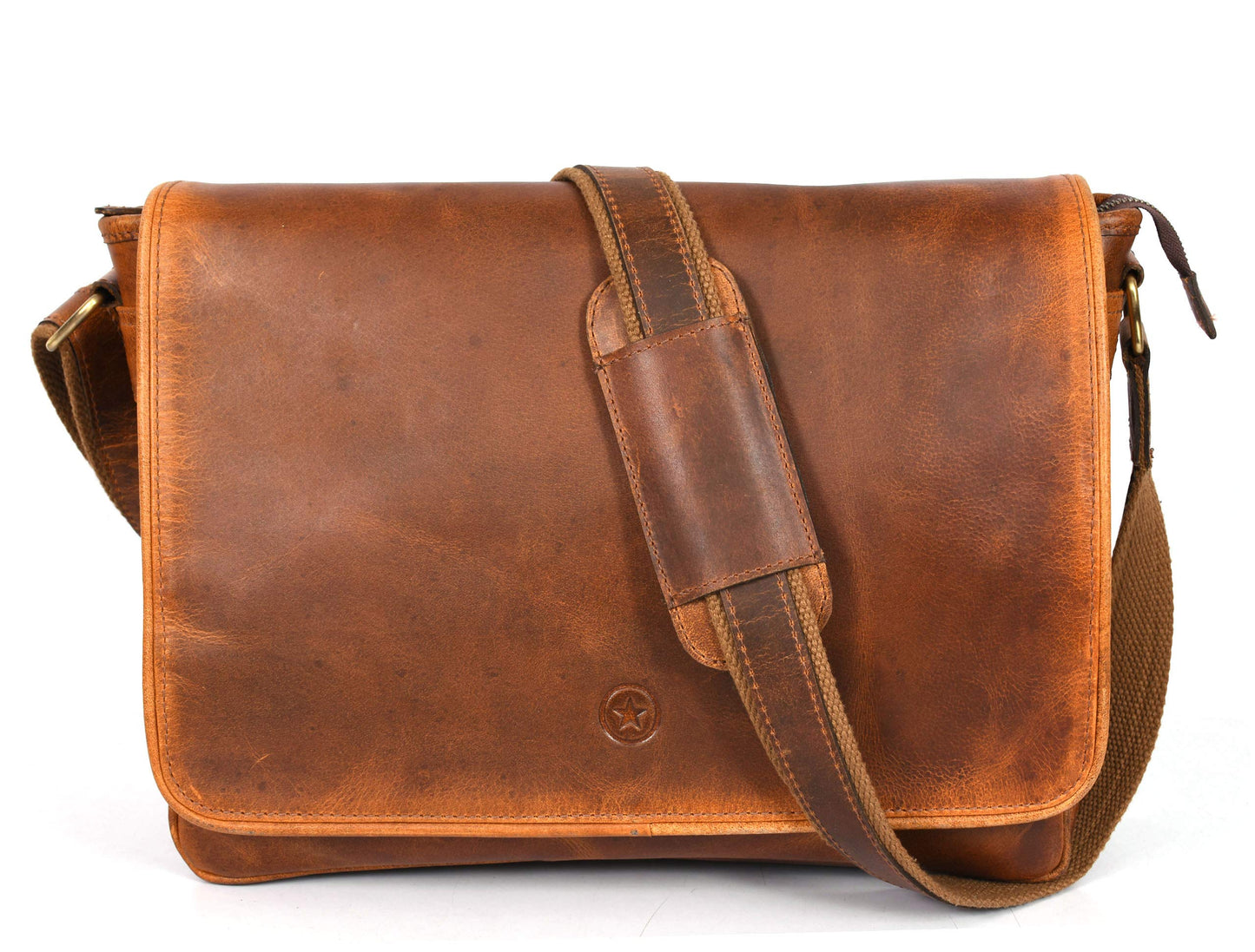 16" Crossbody Bag Leather Laptop Messenger Bag For Men with trolley sleeve for school office (Caramel)