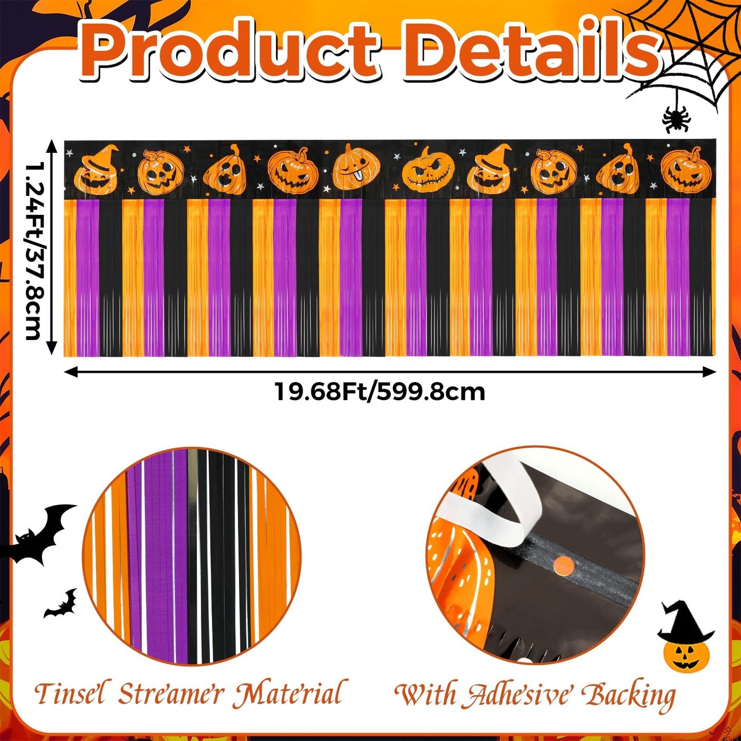 Pack of 4 Halloween Decorations, 79 Feet Halloween Foil Fringe Garland Orange Purple Black Pumpkin Metallic Tinsel Streamers Banner Wall Hanging Float Fringe Backdrop for Party Holiday Supplies