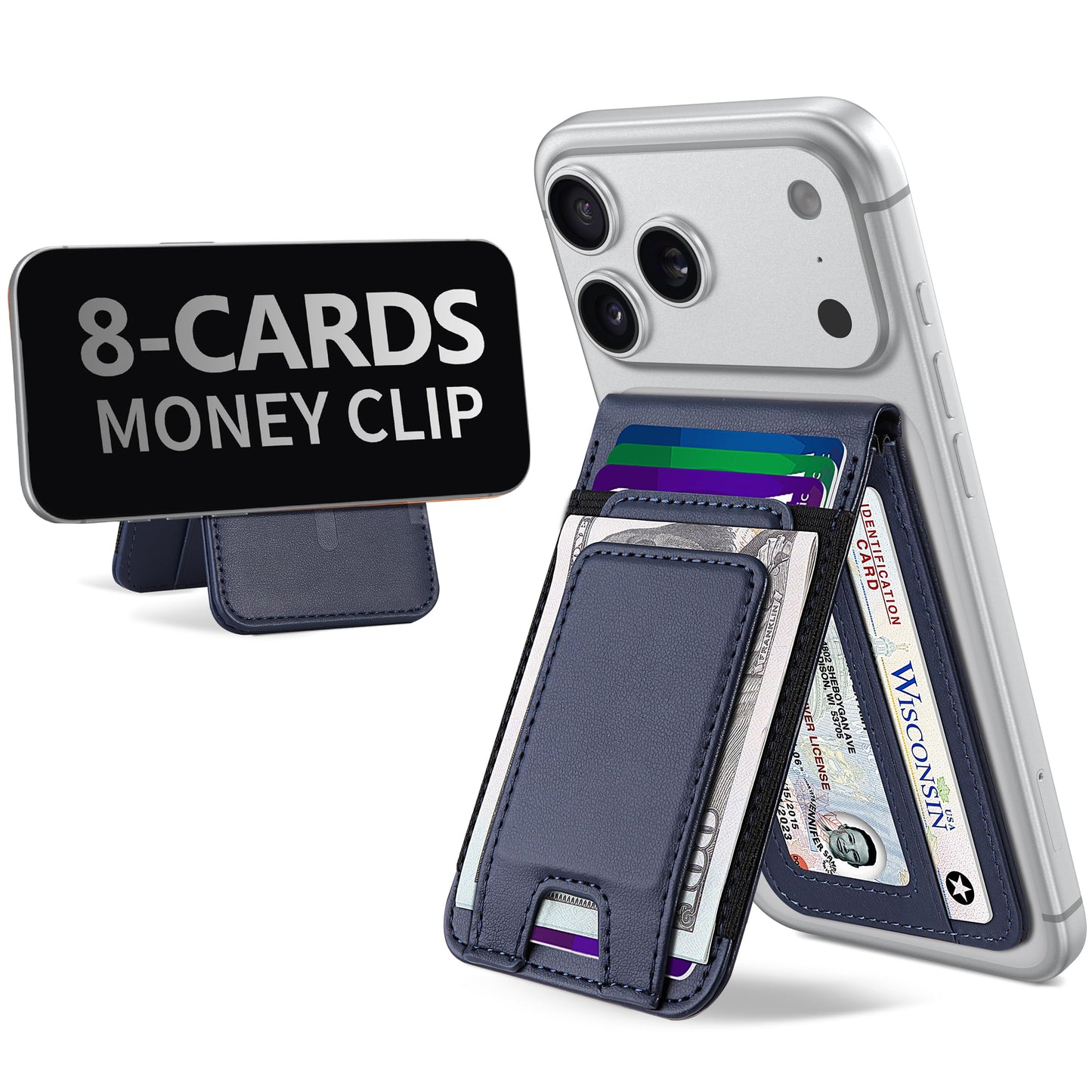 TopMade for MagSafe Wallet with Money Clip, Strongest Magnetic Card Holder for iPhone 17/16/15/14/13/12 Series, for iPhone Wallet with Adjustable Stand, ID Window, RFID Blocking, Navy Blue