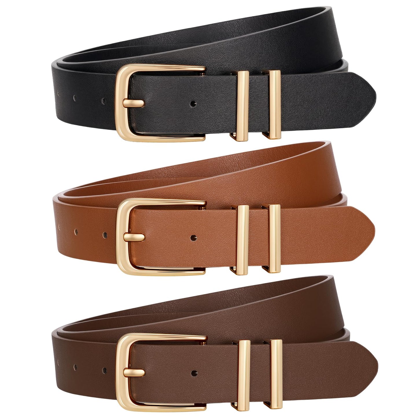 VONMELLI 3 Pack Women's Belts for Jeans Pants Fashion Gold Buckle Ladies Dress Belt, Black+Brown+Coffee S