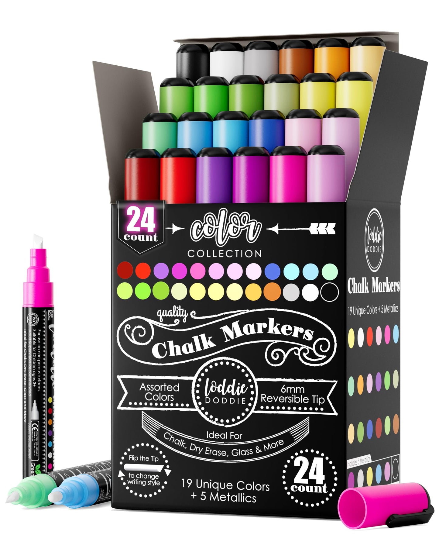 Loddie Doddie Chalk Markers - Pack of 24, 6mm Reversible Tips - Liquid Chalk Pens for Glass Surfaces & Windows - Erasable Pens for Chalkboard Calendar - Non-Toxic Chalkboard Markers