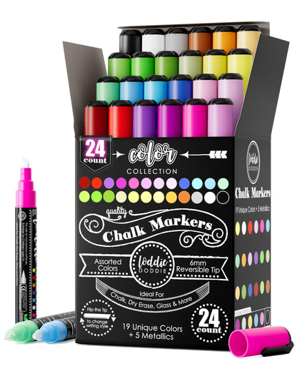 Loddie Doddie Chalk Markers - Pack of 24, 6mm Reversible Tips - Liquid Chalk Pens for Glass Surfaces & Windows - Erasable Pens for Chalkboard Calendar - Non-Toxic Chalkboard Markers