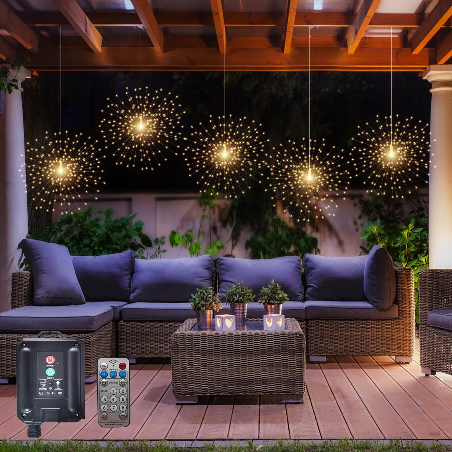 SHUKAN 5 Pcs 1000LED Solar Starburst Sphere Lights,Firework Light Remote Control Timer 8 Modes Dimmable Waterproof Hanging Fairy Light, Sparkly Lights for Patio Garden Tent Outdoor(Warm White)
