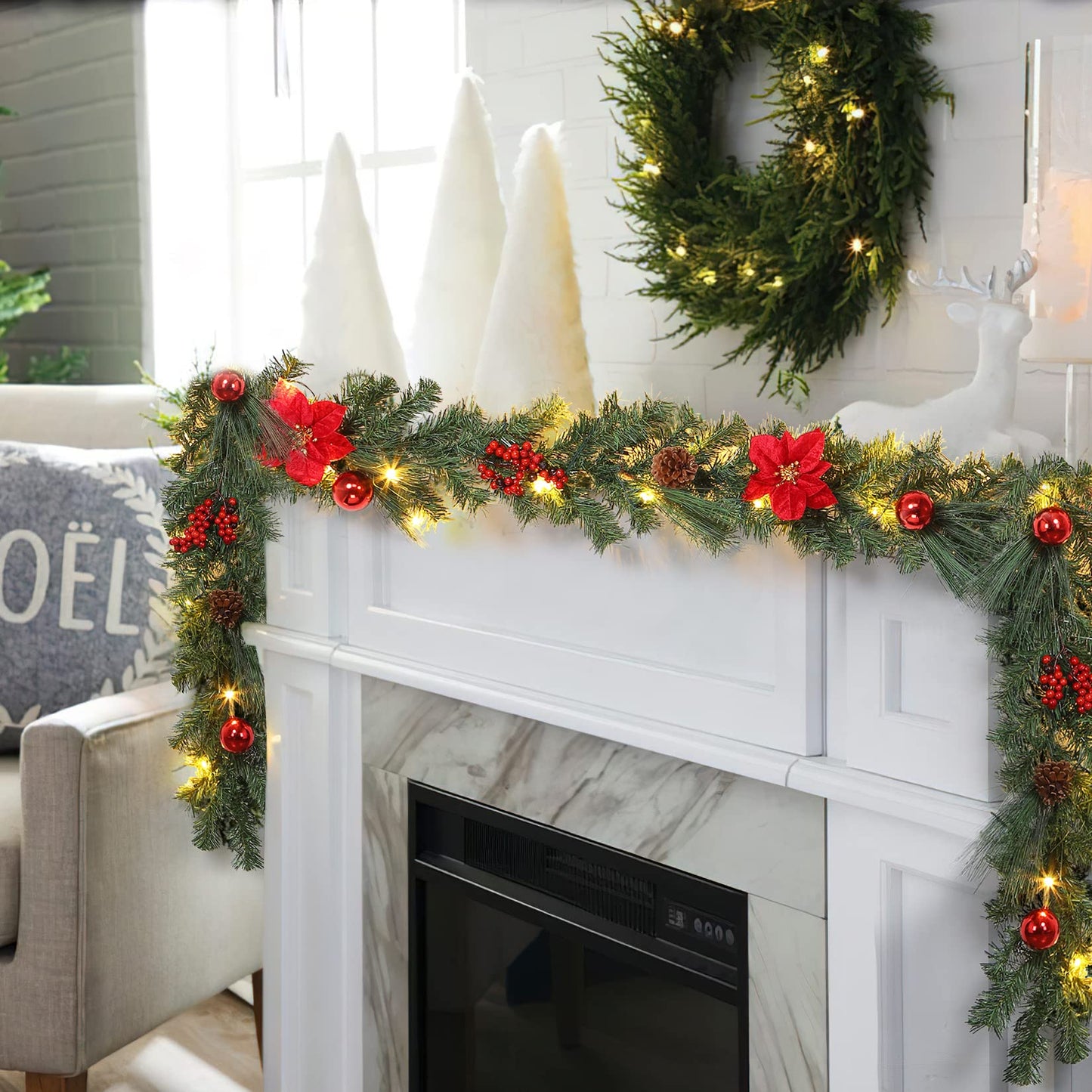 Adeeing Prelit Christmas Garland with 20 LED Lights - Red Poinsettia Flowers, Berries and Pine Cones - 6FT Lighted Garland for Mantle & Outdoor Decoration