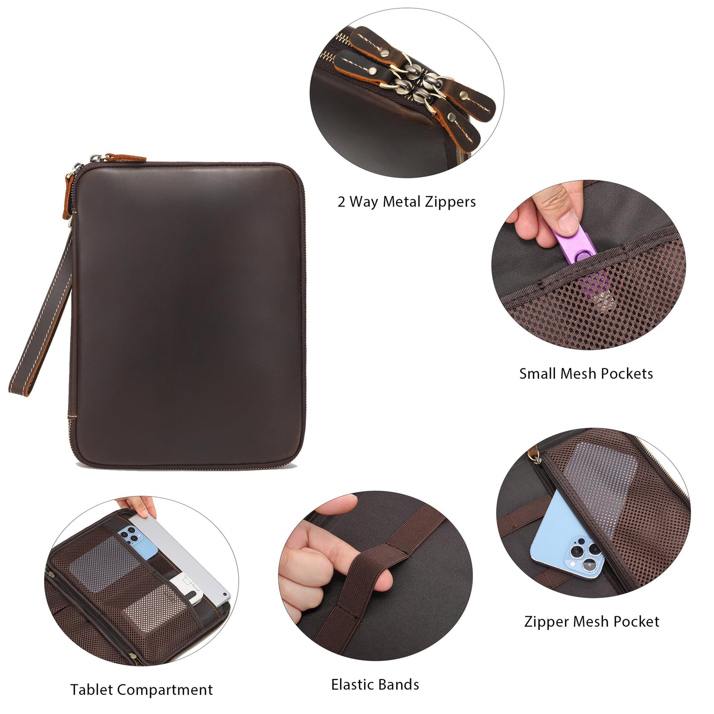 LANNSYNE Full Grain Leather Travel Cable Accessories Bag, Electronic Organizer Carry Case Double Layer Storage Case for Cables, Charger, Phone, Power Bank