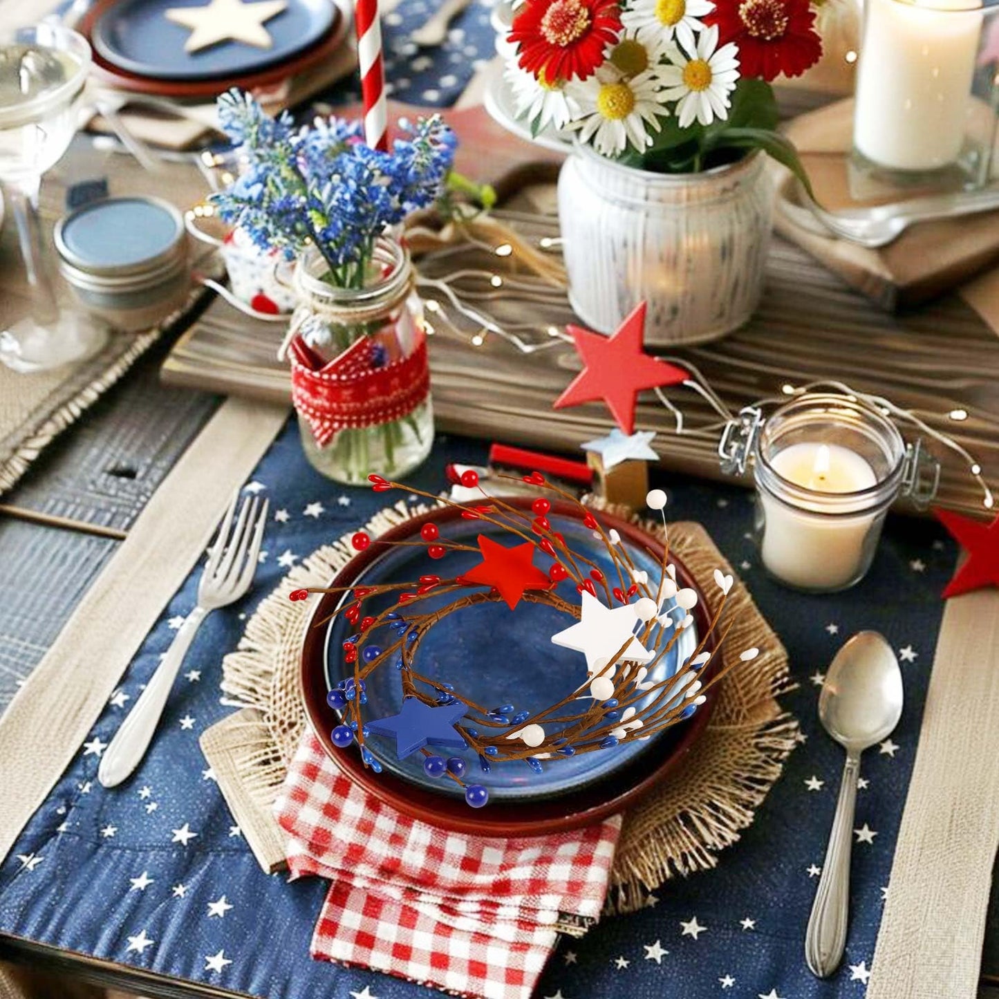 4th of July Candle Rings Set of 2-4 Inch Red White Blue Patriotic Star Candle Holders, Independence Day Table Decor Centerpiece with Stars, USA Flag Theme for Memorial Day Veterans Day