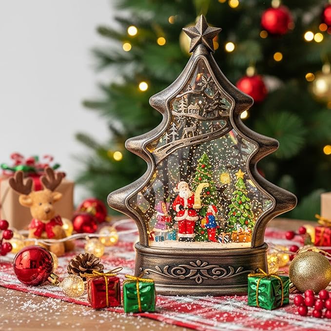 Christmas Snow Globe Lantern Water Glittering Santa's List with Music& Timer, USB Lined/Battery Operated Lighted Lantern for Christmas Festival Decoration Gifts （Santa）