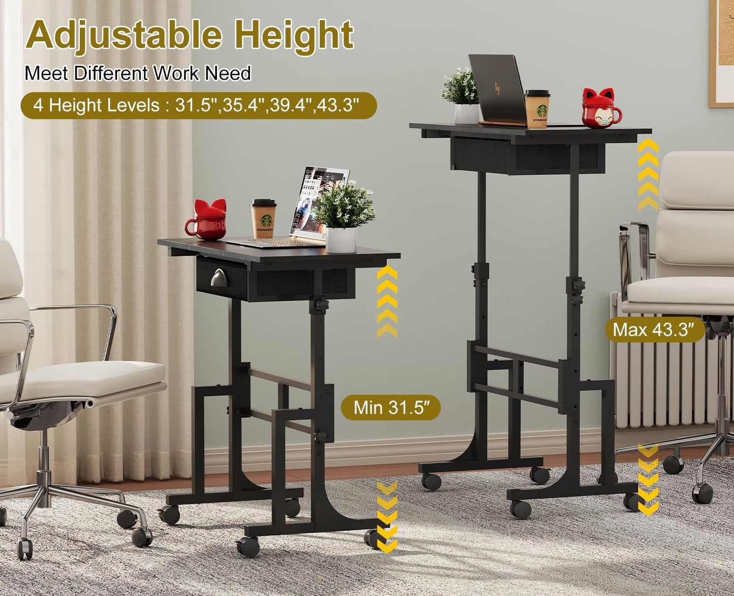 Adjustable Height Standing Desk With Drawer, Rolling Sit Stand Up Desk With Wheels, Small Sit To Stand Computer Desk, Adjustable Desktop Height, On Wheels, Black, For Walking Pad Laptop Treadmill