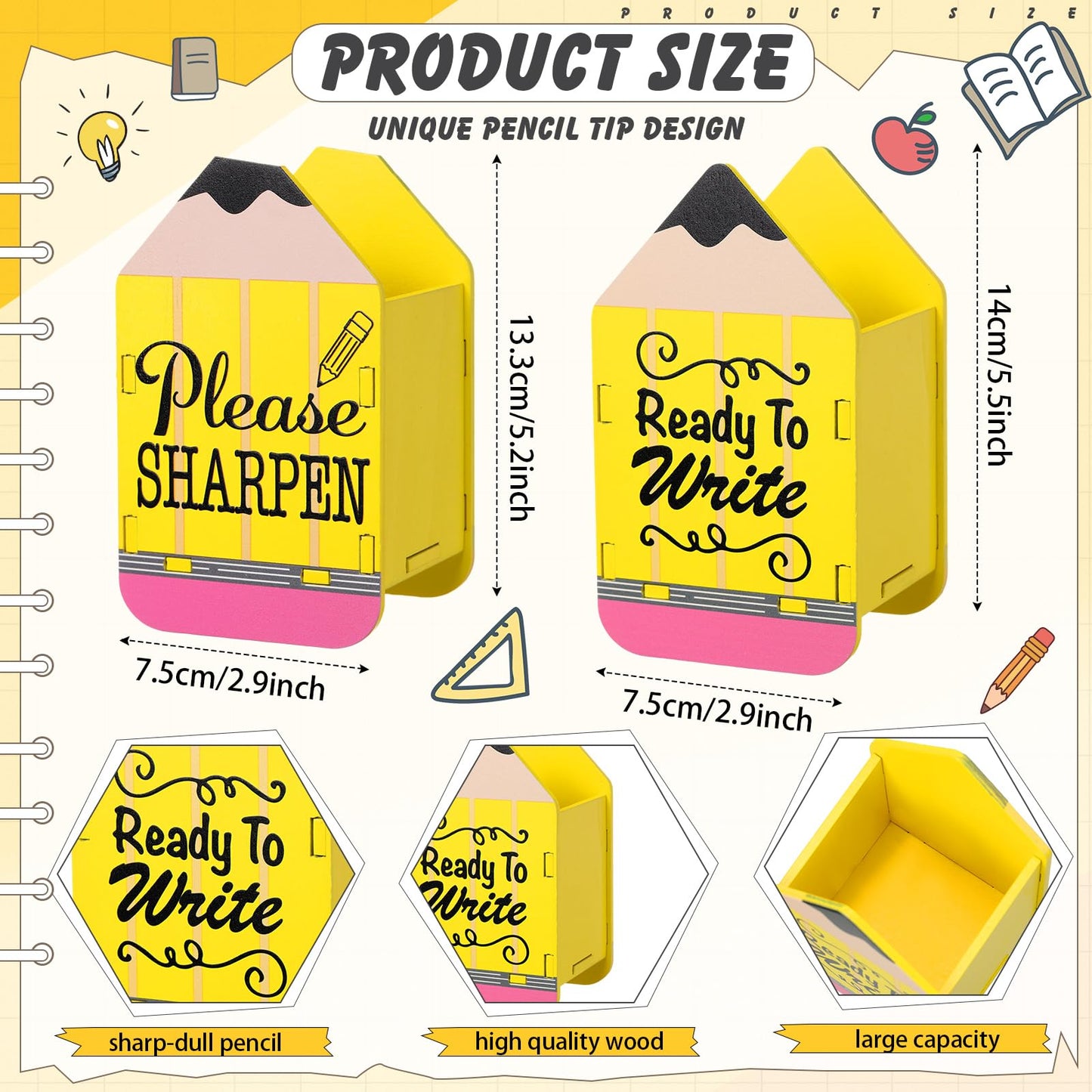 DoubleFill 2 Pcs Pencil Shaped Holder Sharp Dull Holder Wooden Dispenser Pencil Storage for Back to School Teachers Classroom Organization(Classic,Yellow)