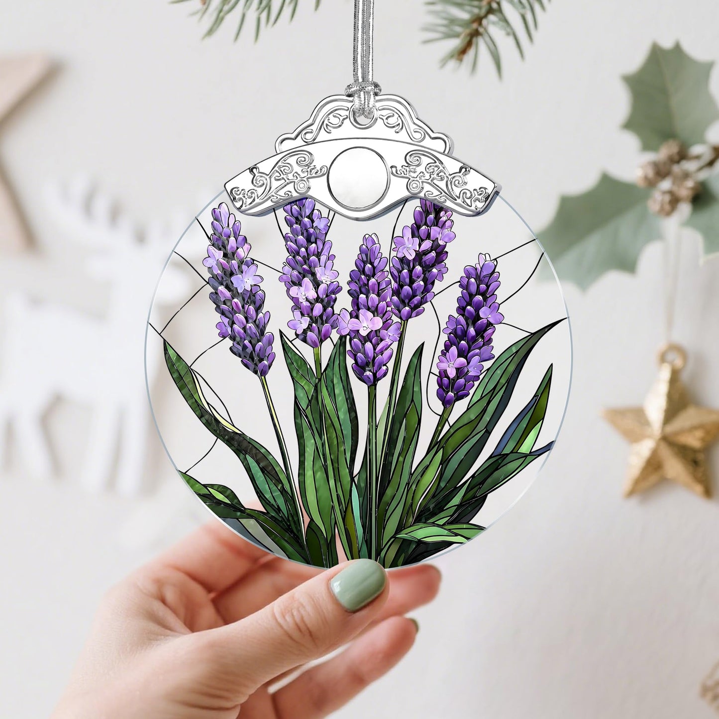 Stained Glass Ornament: Lavender Flower Christmas Ornament – Christmas Tree Decor & Holiday Decor | Flower Lovers Gifts, Gift Exchange & Gifts for Family, Coworkers, Friends & Her