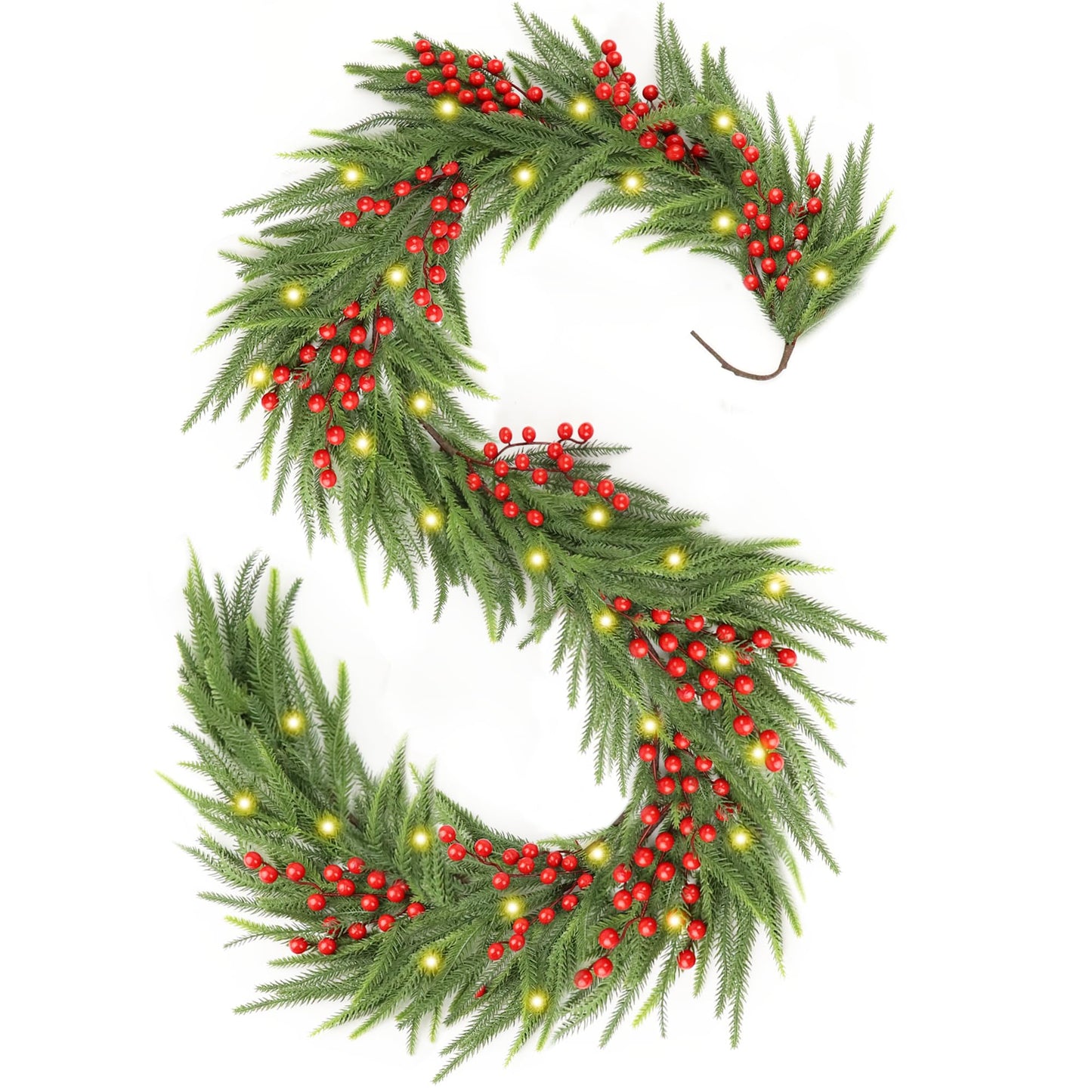 Christmas Norfolk Pine Garland,Real Touch Faux Winter Greenery Garland with Light for Stairs Table Fireplace Backdrop Wall,Christmas Holiday Seasonal Winter Decor (9ft)