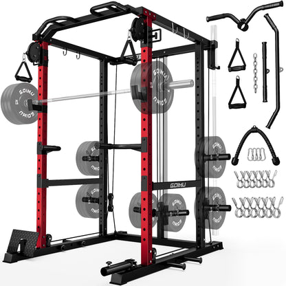 Goimu R1-V4 Power Cage Rack, 2000LB Squat Rack with Cable Crossover System, Multi-Function Weight Cage, Home Gym Workout Machine with More Training Attachments (Red R1 Power Cage)
