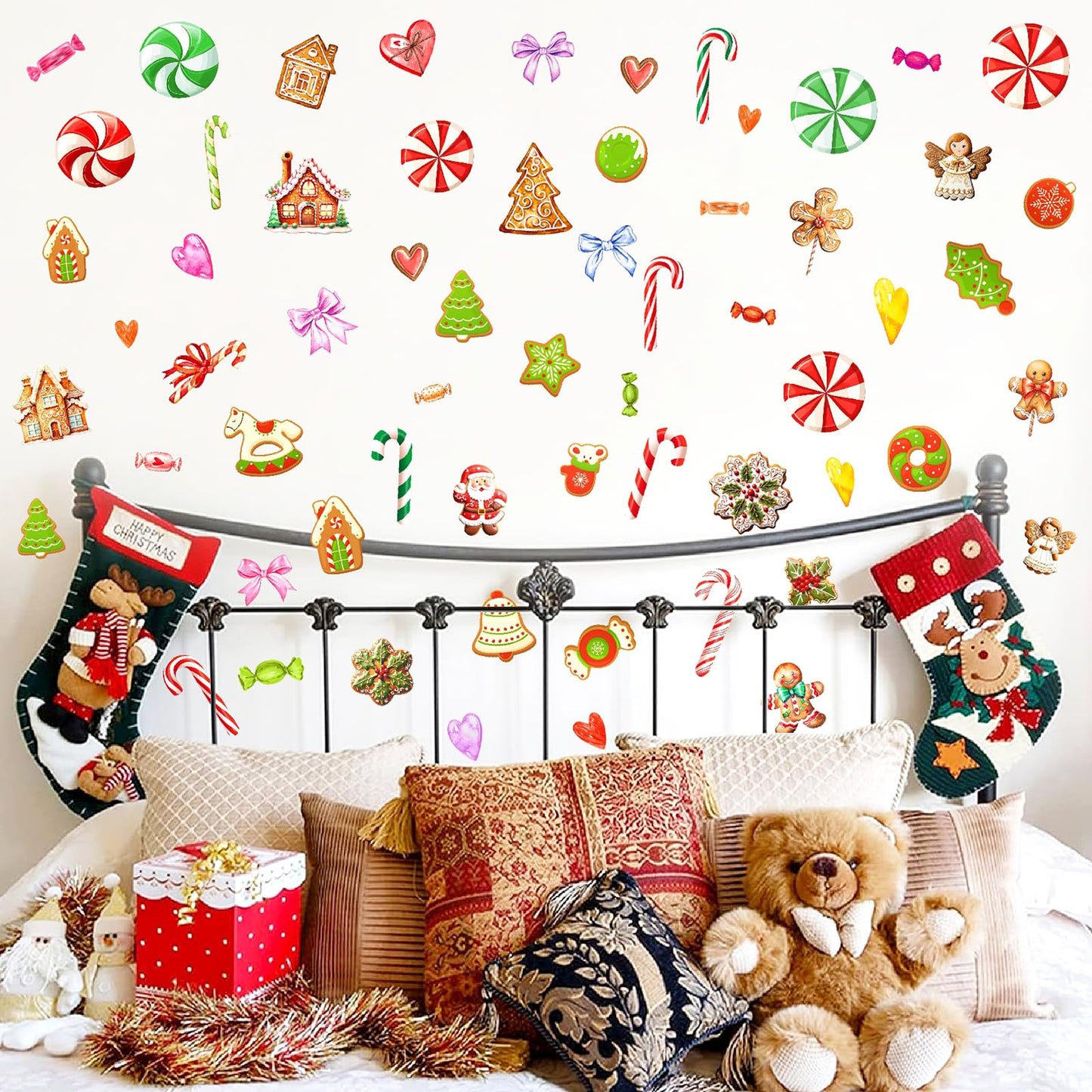 Christmas Ornaments Wall Decals Peel and Stick Christmas Candy Wall Stickers Removable Candy Cane Wall Stickers Peppermint Floor Decals Xmas Candyland Home Decor Holiday Party Decorations