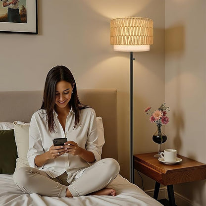 Floor Lamp for Bedroom,Rattan Floor Lamp,Modern Standing Lamp with Marble Base,Dimmable Standing Lamp for Bedroom, Reading,Office & Kids' Room,LED Bulb Included(Rattan)