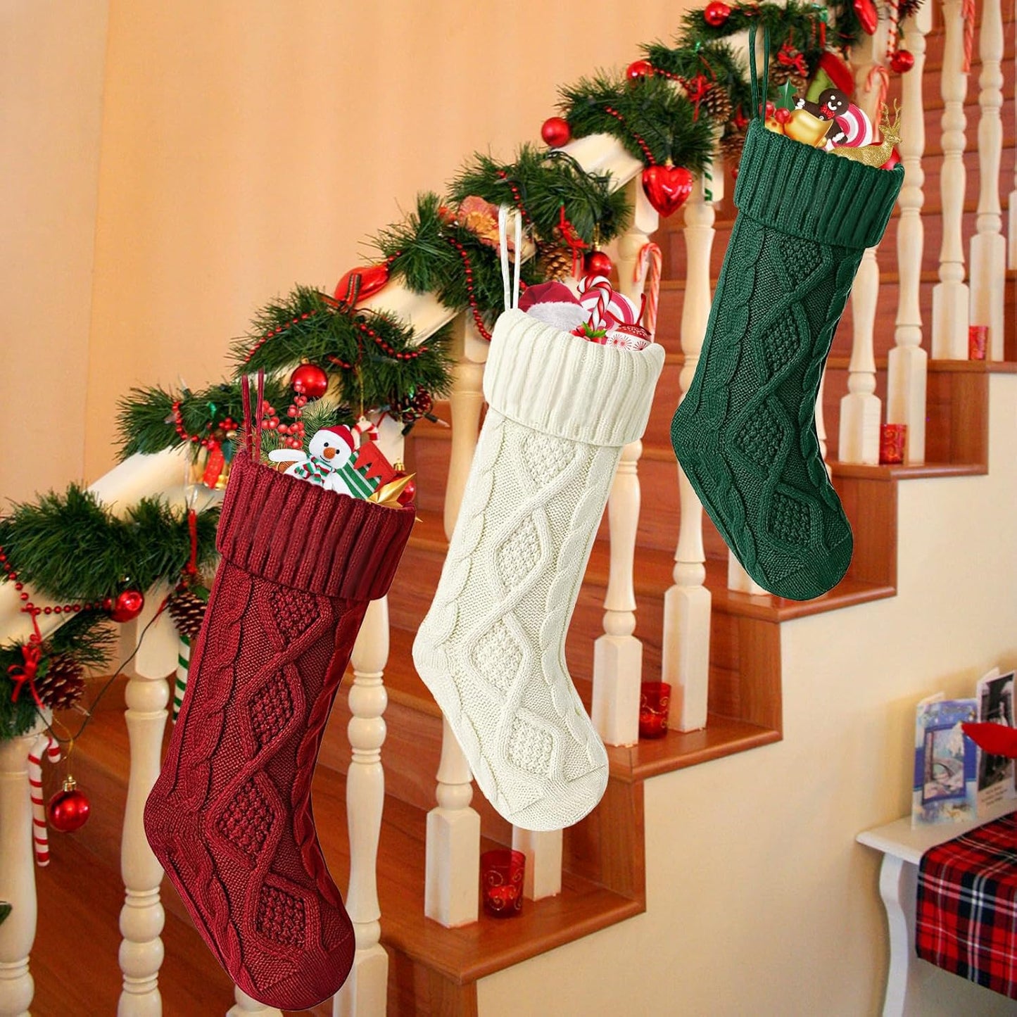 OYB Christmas Stockings，18 Inches Knitted Christmas Stockings，Large Christmas Stockings，Decorations for Family Holiday Xmas Party (Green)