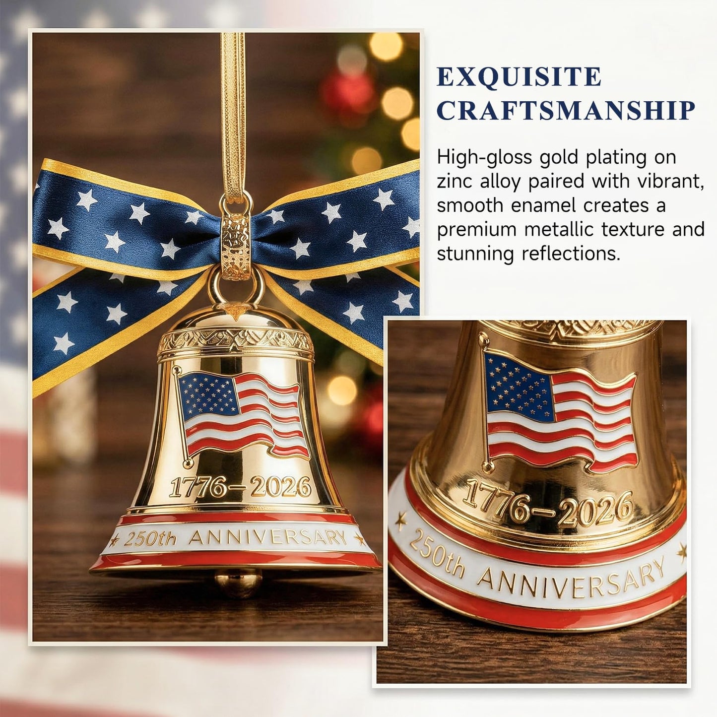 250 Anniversary USA Ornament for Fourth of July Decorations, 3D Metal 1776-2026 Liberty Bell Patriotic Ornaments Independence Day Decorations, 4th of July Gifts for Men Women