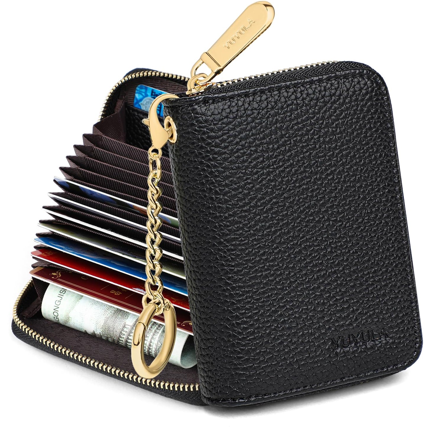 YUYULA Lether Women Credit Card Wallet, Zipper Business Card Holder for Women, RFID Blocking, KeyChain Wallet (Black)