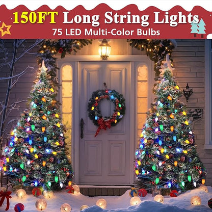 C9 Christmas Lights Outdoor Multicolor, 150FT 75LED string Lights Waterproof Shatterproof, Extendable C9 Xmas Light, Indoor Outdoor Christmas String Light for House Roof Patio Garden Tree Party