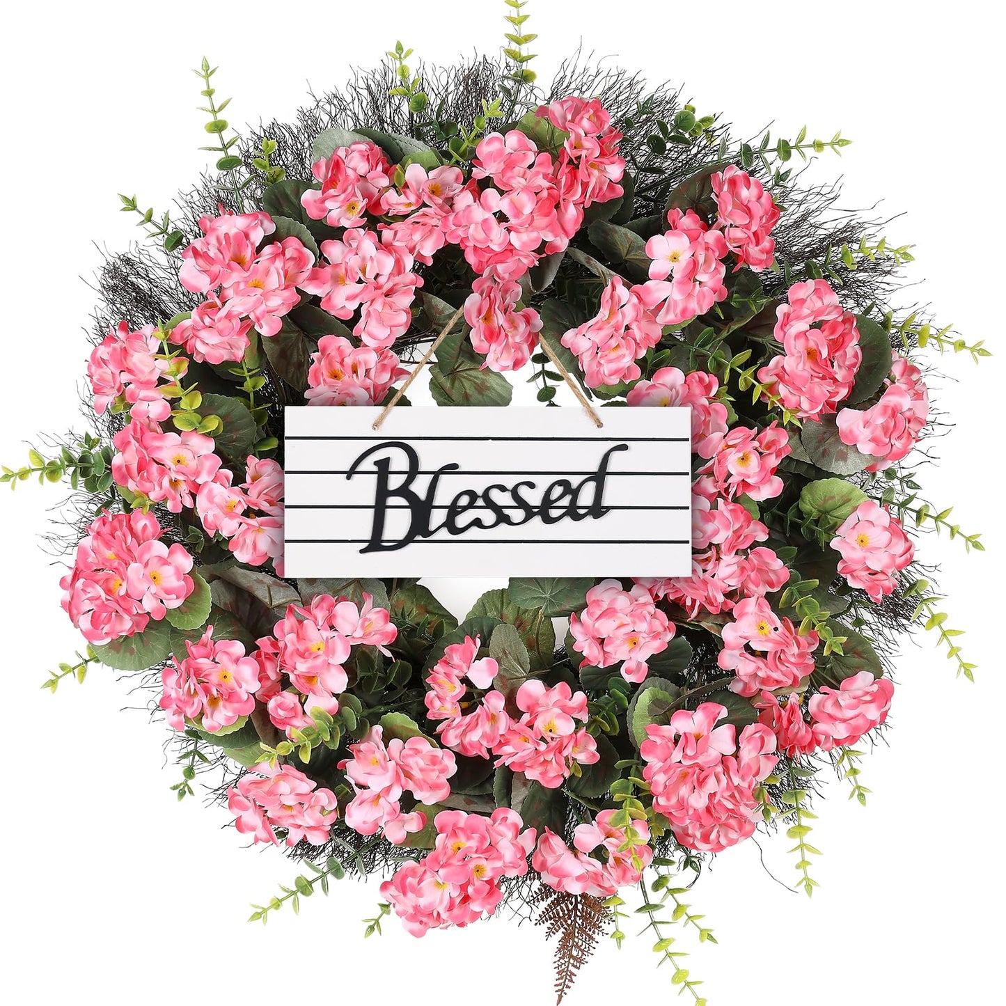 KuiMen Spring Summer Wreaths for Front Door 24 Inch Pink Artificial Geranium Wreath with Blessed Hanging Sign for Indoor and Outdoor Decor