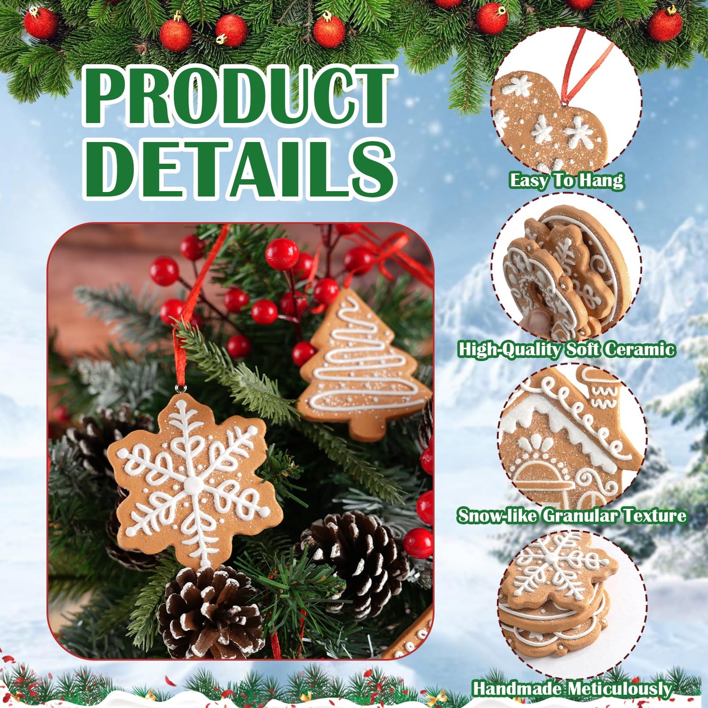 12 Pcs Gingerbread Cookie Ornaments, Funny Christmas Tree Cookie Decorations, Xmas Tree Snowflake Gingerbread Shaped Ornament for Xmas Winter Holiday Crafts Decor Indoor