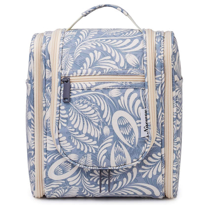 Narwey Small Hanging Toiletry Bag Women Travel Makeup Bag Organizer Toiletries Bag for Travel Size Essentials Accessories Cosmetics (Medium, Blue Leaf)