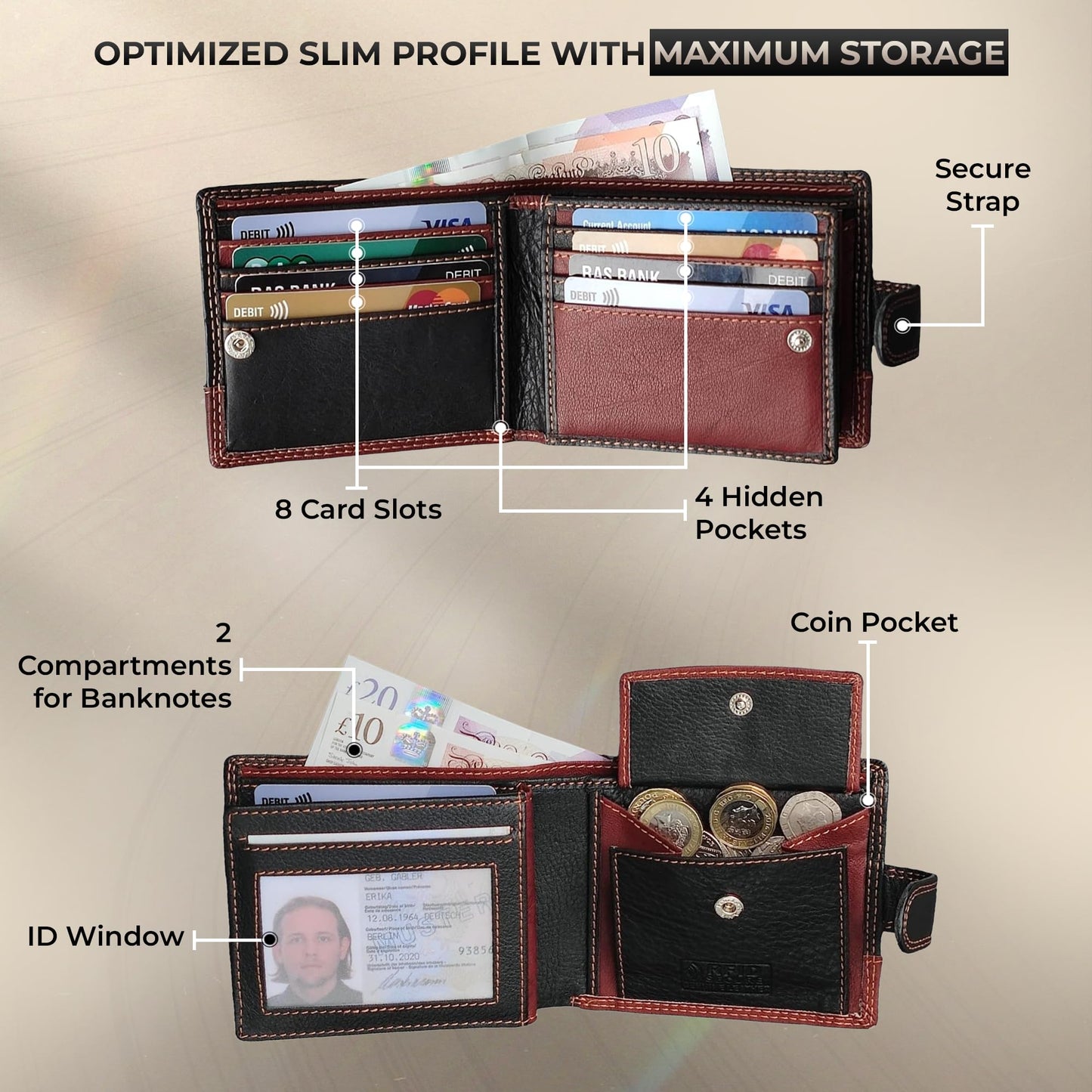 MORUCHA RFID Blocking Genuine Leather Wallet for Men – Slim Bifold Bull Leather Wallet with Coin Pocket, ID Window, 8 Card Slots – Premium Black/Brown Luxury Gift Box (Model #M75)