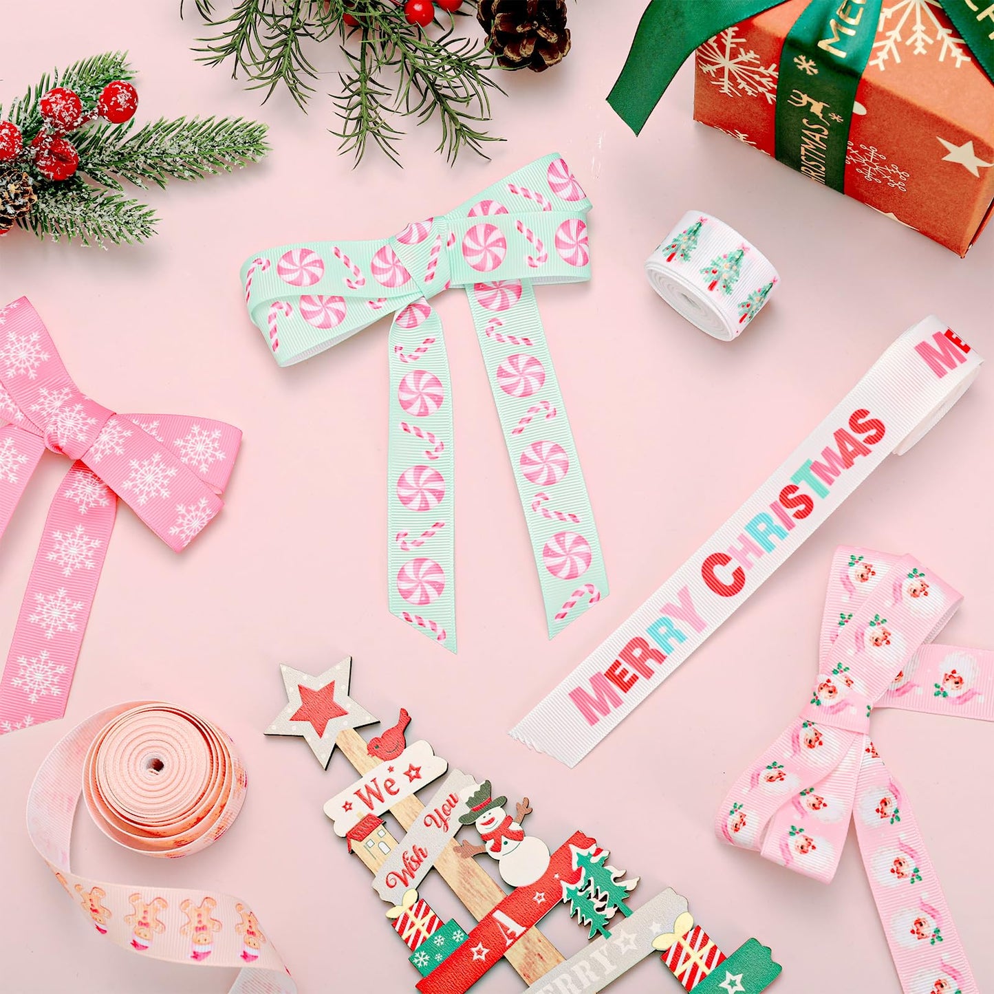 JarThenaAMCS 6 Rolls Christmas Grosgrain Ribbon 7/8" Pastel Pink Green Xmas Tree Candy Snowflake Santa Gingerbread Man Fabric Craft Ribbons for Bow Gift Wrap Holiday Birthday Party Decor, 30 Yards