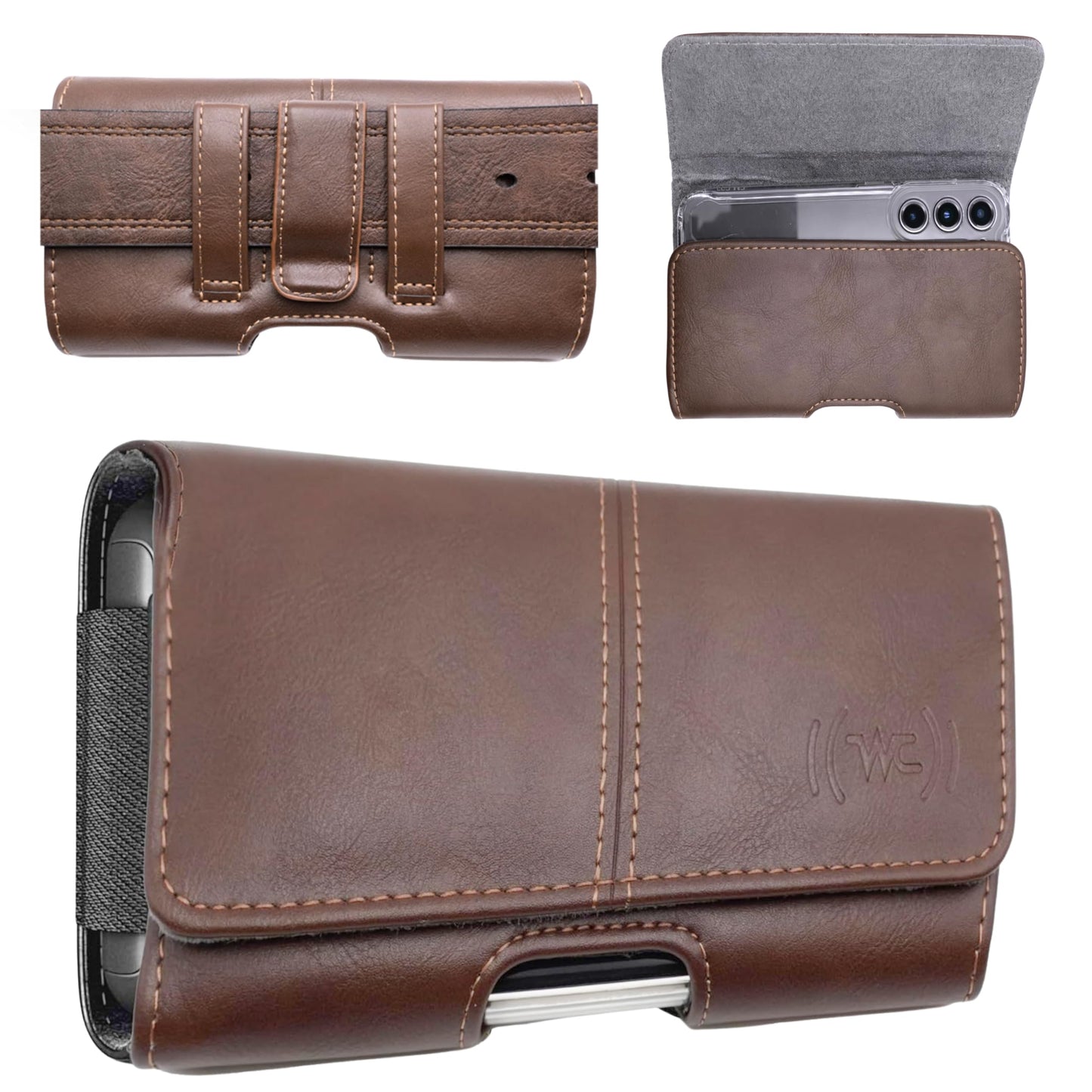 Wireless City Leather Phone Holster for iPhone 17/17 Pro 16/16 Pro/16e 15/15 Pro 14/14 Pro 13/13 Pro 12/12 Pro 11 XR Horizontal Belt Clip & Loop Phone Pouch Magnetic Closure Phone Holder for Men Brown
