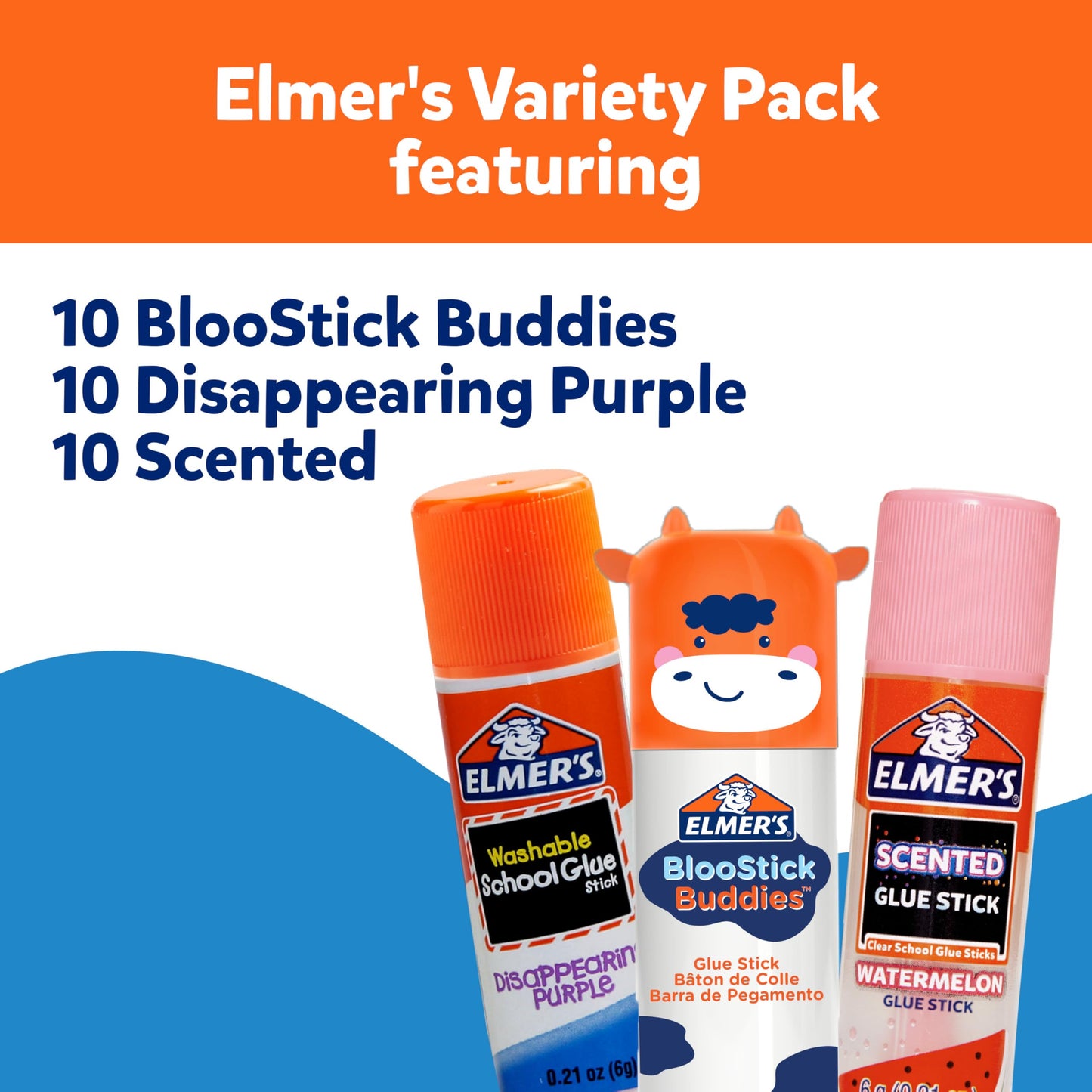 Elmer's Glue Stick Variety Pack, Featuring BlooStick Buddies, Disappearing Purple, and Scented Glue Sticks, Assorted, 30 Count, #1 Teacher Brand