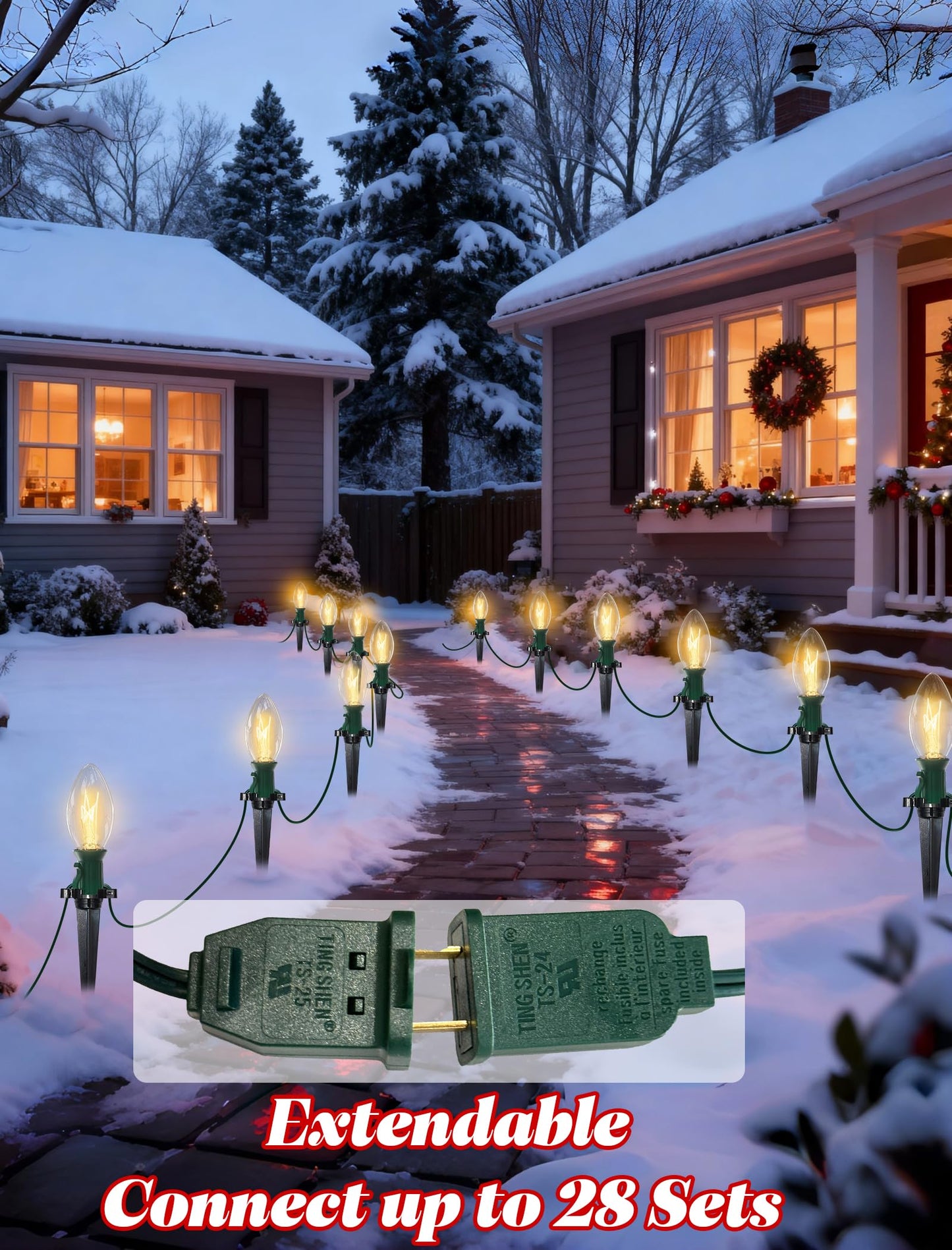 38FT C9 Christmas Pathway Lights Outdoor,25 Pack Warm White Connectable Weatherproof Christmas Walkway Lights with C9 Bulbs and Stakes for Driveway Yard Lawn Sidewalk Decorations