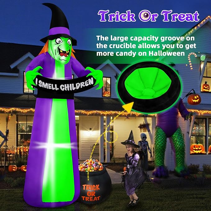 8Ft Halloween Inflatables Witch Outdoor Decorations with Candy Cauldron, Scary Blow Up Witch Holds I Smell Children Banner, Inflatable Halloween Build-in LEDs for Party Yard Lawn Garden Decor