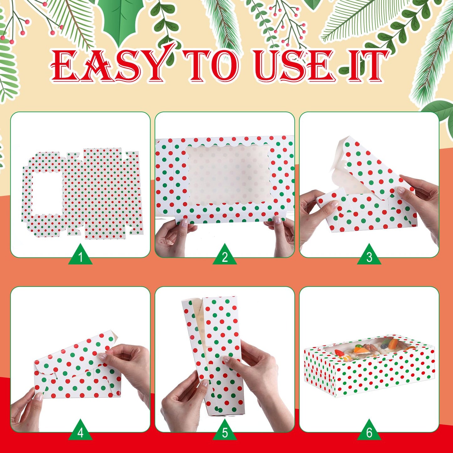 Gersoniel 24 Pcs Christmas Cookie Boxes with Window 8.6 x 6 x 2.5 Inch Bakery Xmas Treat Boxes for Gift Giving Red and Green Cupcake Candy Containers for Christmas Party Supplies (Stripe and Dot)