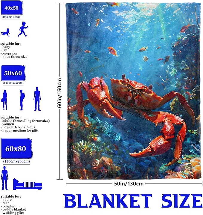 Red Crab and Coral Reef Throw Blanket for Boys Girls Kids Adults Women, Fuzzy Warm Soft Cozy Flannel Blankets Gifts for Bedroom, Couch, Travel, Home Decor 60x80 in